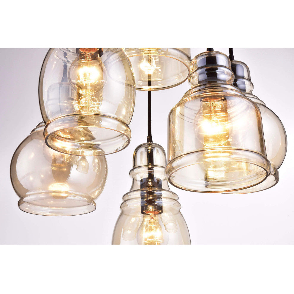 Sara 6-light Cognac Glass Pendant Round Base, Antique Black Finish