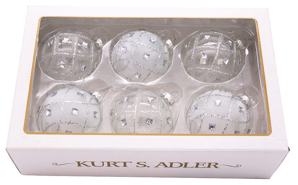 Kurt Adler 80MM Jeweled Clear Feather White Ball Ornaments, 6 Piece Set