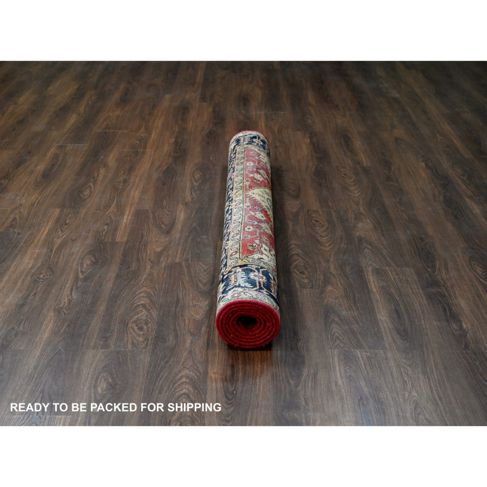 Red and Black Pure Wool Hand Knotted Karajeh Design Oriental Rug, 6'x8'9"