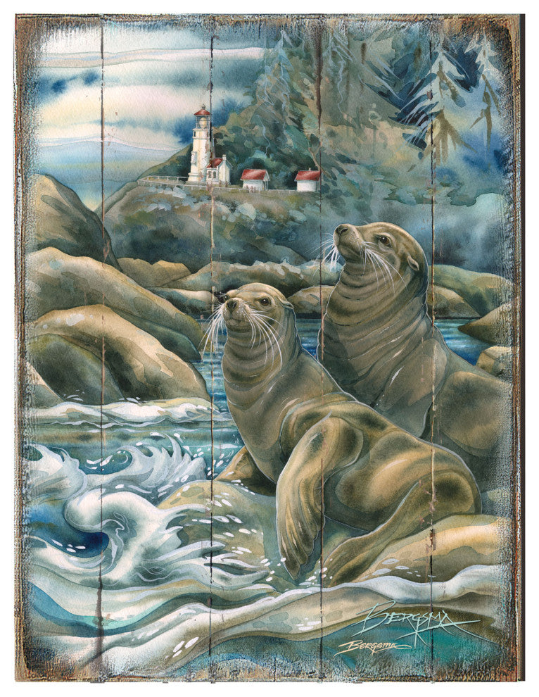 Lions of the Sea Lighthouse Caves Wooden Wall Art, Oversized 48x36