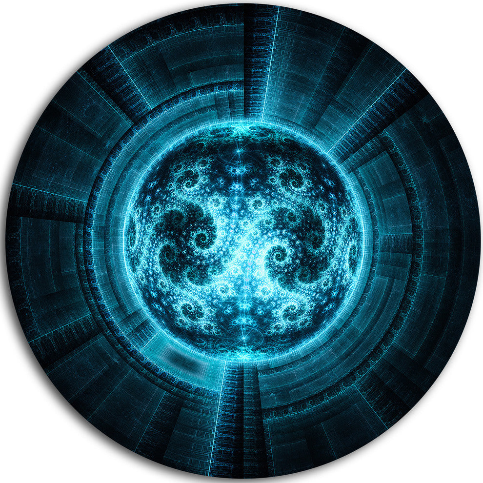 Glowing Bright Blue White Fractal Flower, Abstract Disc Artwork, 23"