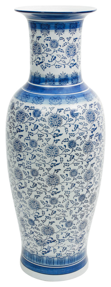 36" Floral Blue and White Porcelain Tung Chi Vase
