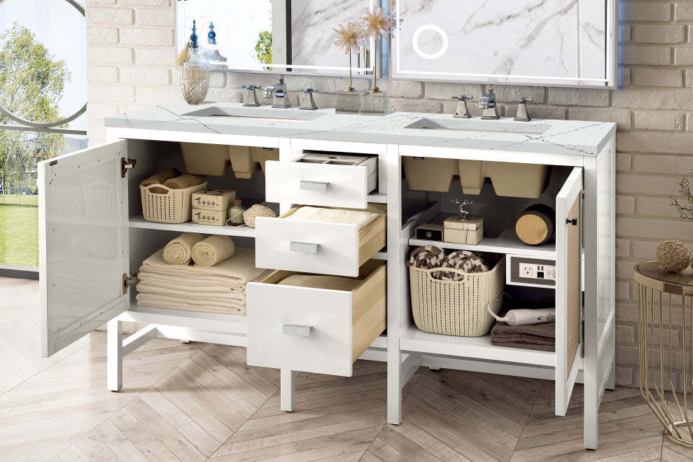 Addison 60" Double Vanity Cabinet, Glossy White, Ethereal Noctis, Three-Hole