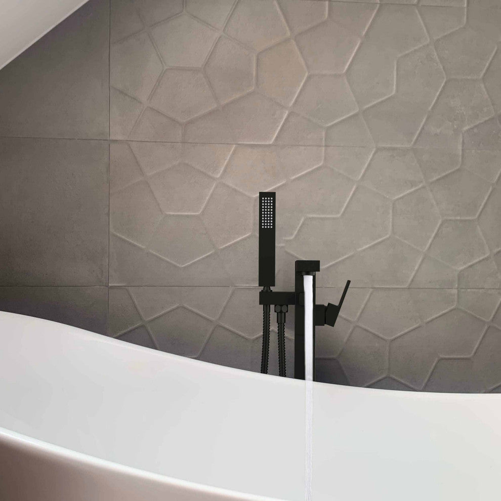 Cube Single Handle Floor Mount Tub Filler With Hand Shower, Matte Black