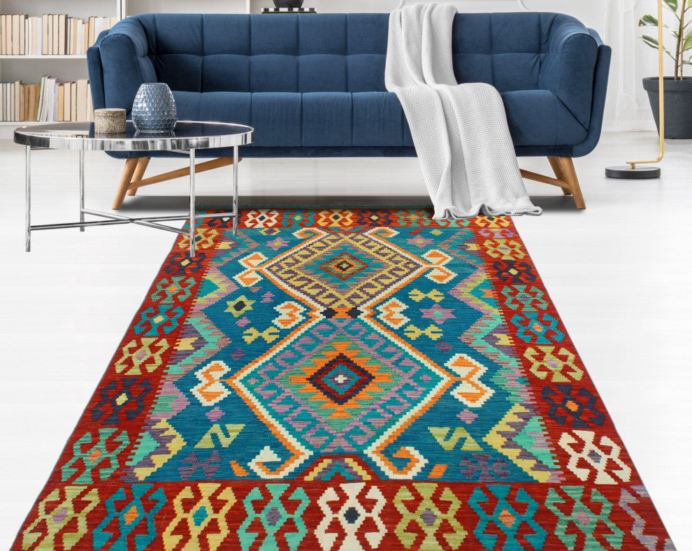 Flatweave Tansholp Blue/Red Rug, 5'0x6'6