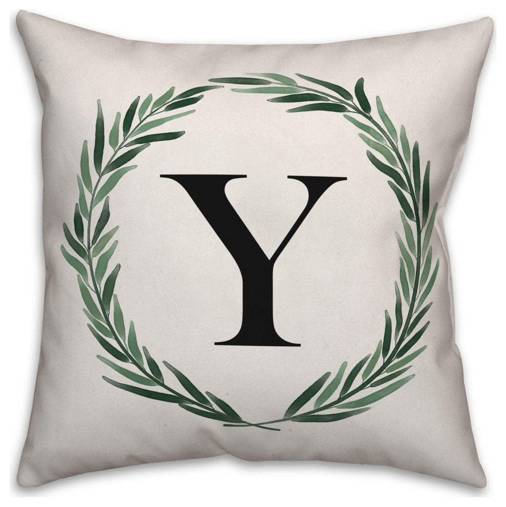 Watercolor Greenery Wreath Monogram Y 18x18 Spun Poly Pillow
