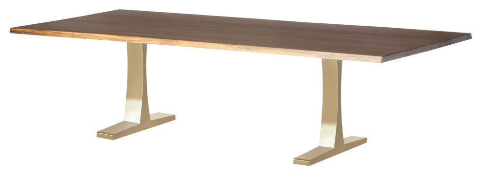 Toulouse Stainless Steel Dining Table, Top: Seared Oak, Base: Brushed Gold, 112"