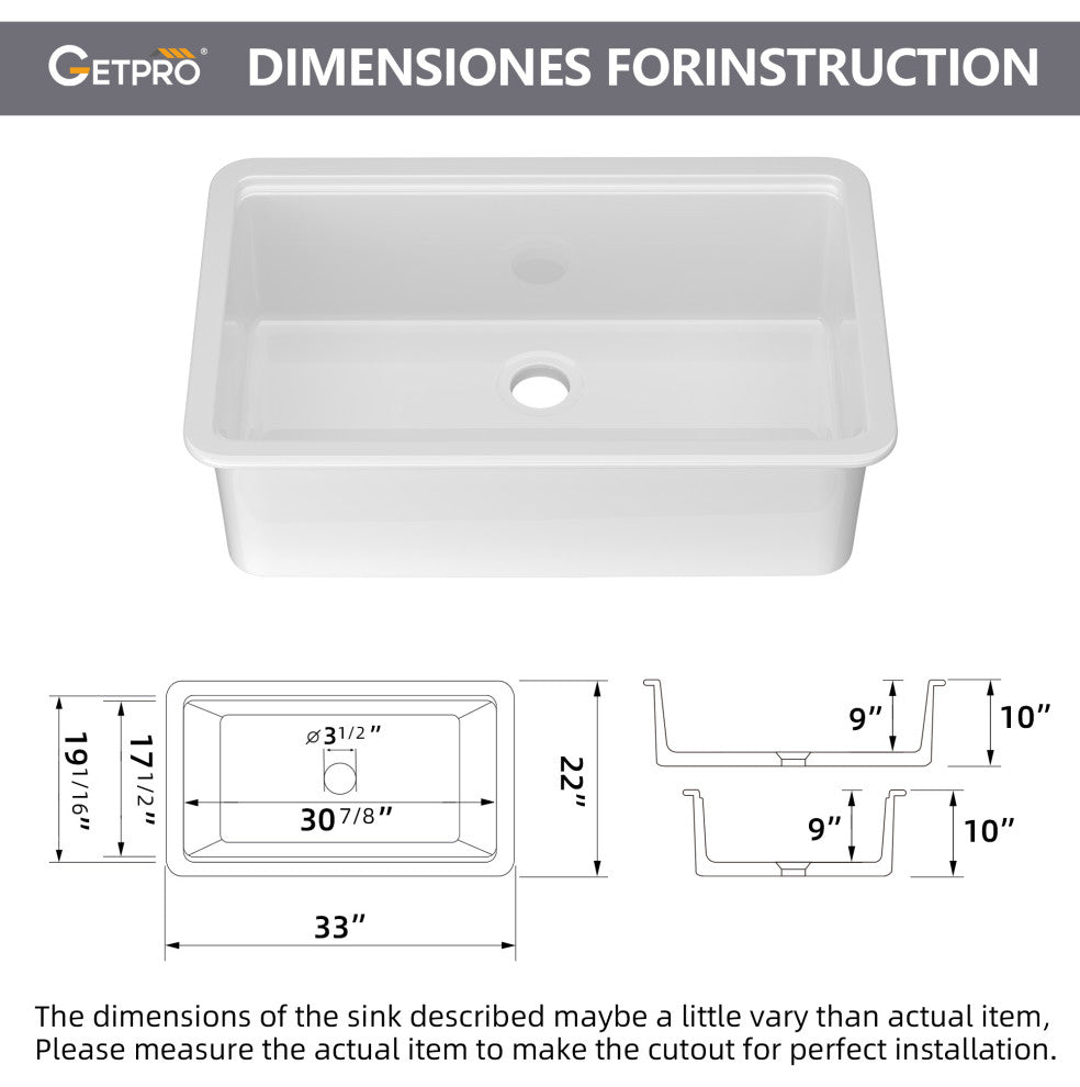 33"Lx22"W Drop-in/Undermount Farmhouse Fireclay Kitchen Sink With Accessories