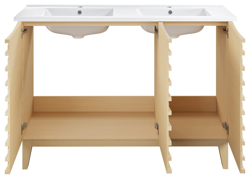 Cascade 48" Natural Oak, Double Basin Bathroom Vanity With White Sink Top