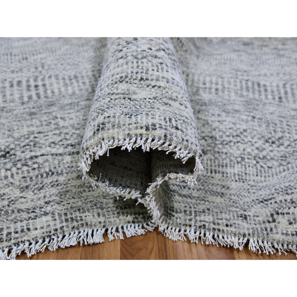Silver Gray Undyed Wool Grass Design Hand Knotted Square Oriental Rug 8'x8'