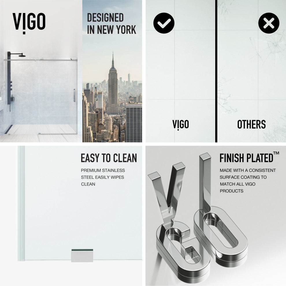 VIGO Elan Frameless Sliding Shower Door, V-Motion, Clear Glass, Chrome, 56" to 60" W X 76" H