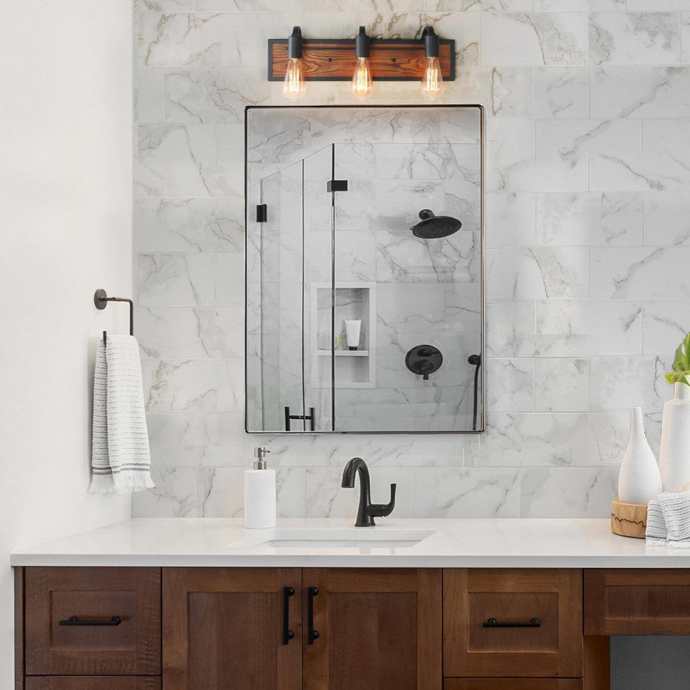 LALUZ 3-Light 21.3-in Wood Brown and Black Farmhouse Vanity Light Bar