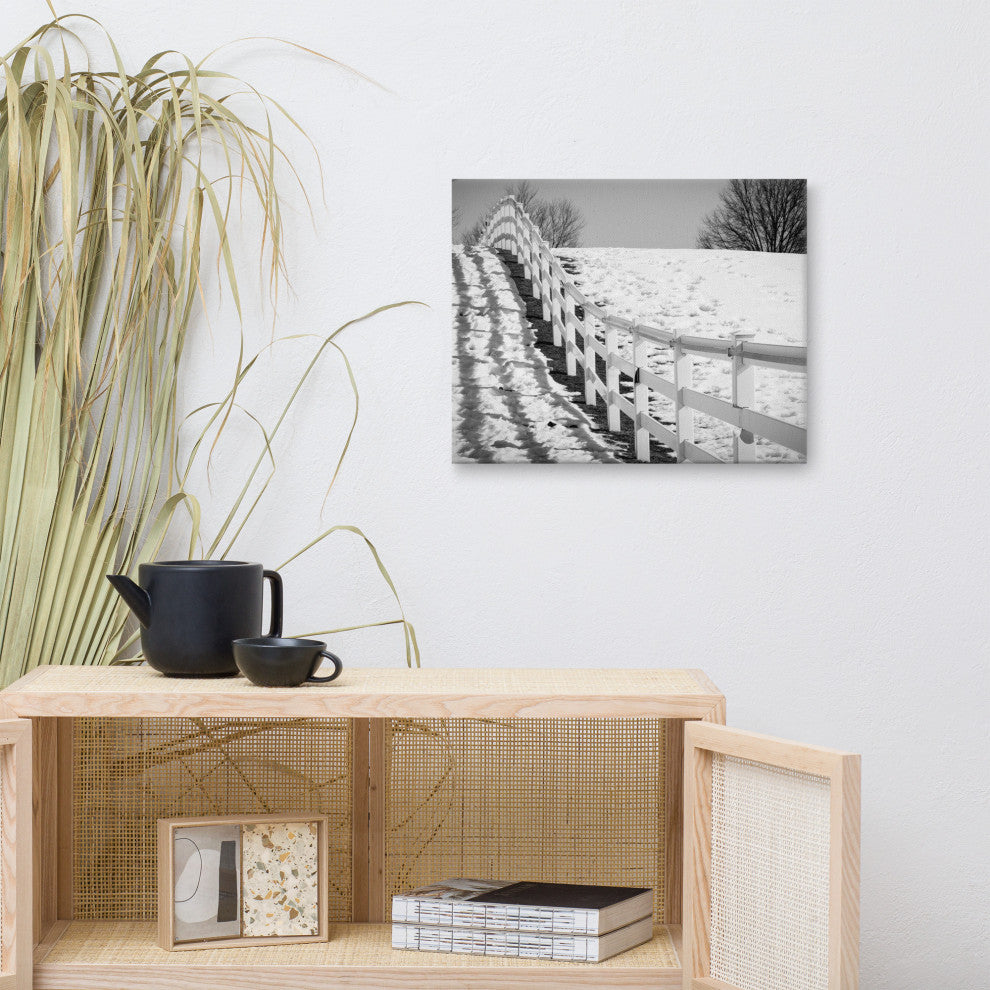 Endless Fence Rural Black & White Landscape Photo Canvas Wall Art Print, 16" X 20"