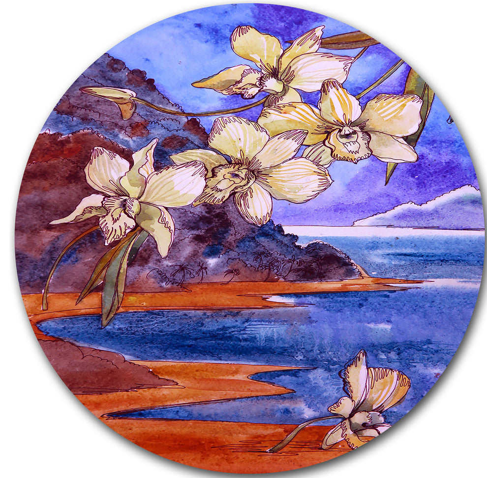 White Orchid With Sea, Floral Round Wall Art, 23"