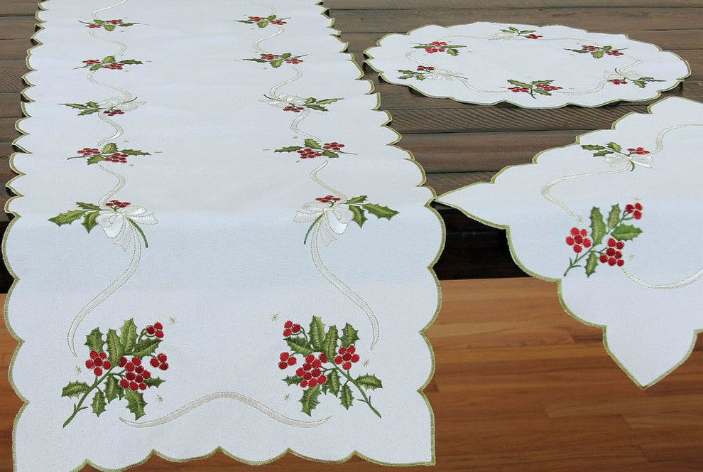 Holly Berry Embroidered Collection Table Runner, 15x54
