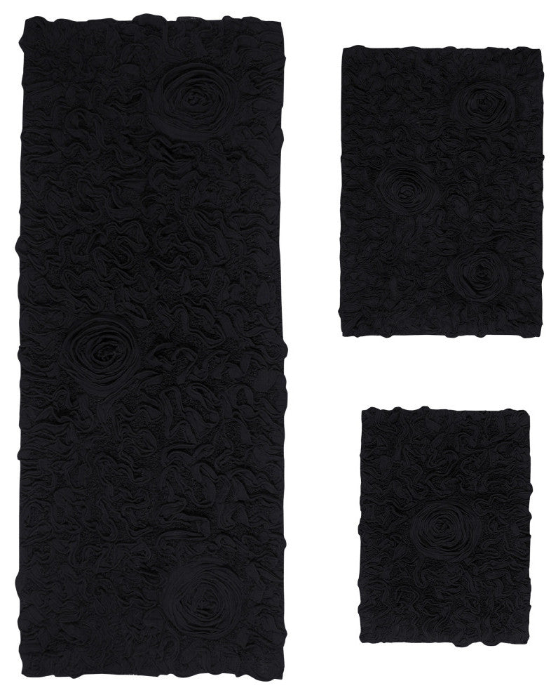 Bell Flower Collection Tufted Bath Rug, 3-Piece Set With Runner, Black