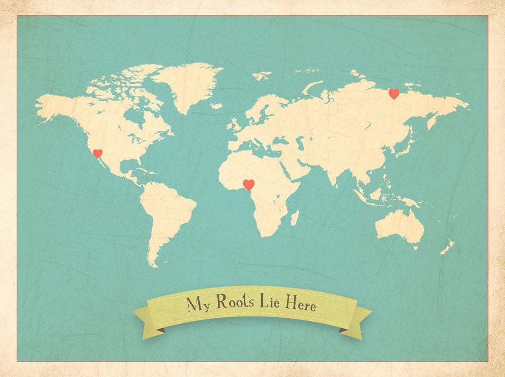 My Roots Personalized World Map in Blue 24"x18" Wall Art Poster