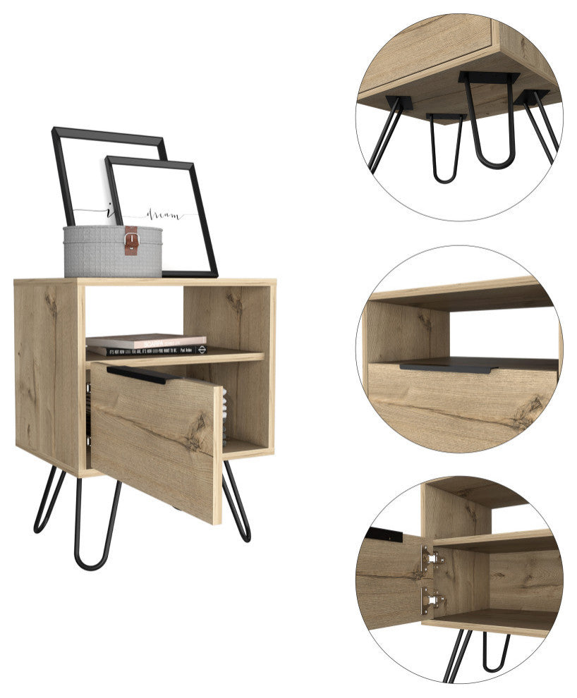 Vienna Contemporary Bedroom Nightstand with Cabinet and Hairpin Legs, Light Oak