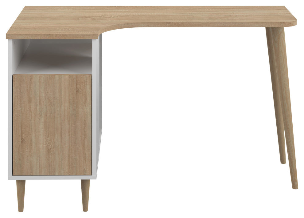 Modern White Small Home Desk With Shelves, White and Oak