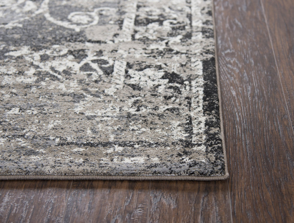 Panache Taupe Central Medallion Scroll Distress Rug, Rectangular 5'3"x7'6"