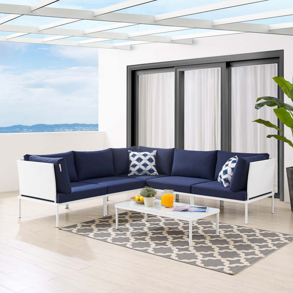 Sectional Sofa Chair Table Set, Sunbrella, Aluminum, White Blue Navy, Outdoor