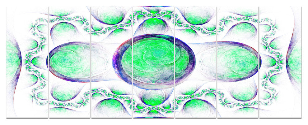 Green Exotic Pattern on White, Abstract Art on Canvas, 83"x32", 7 Panels
