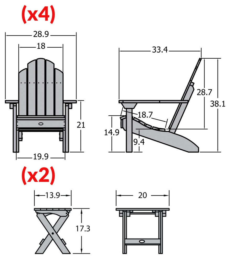 4 Classic Westport Adirondack Chairs, 2 Folding Side Tables, White