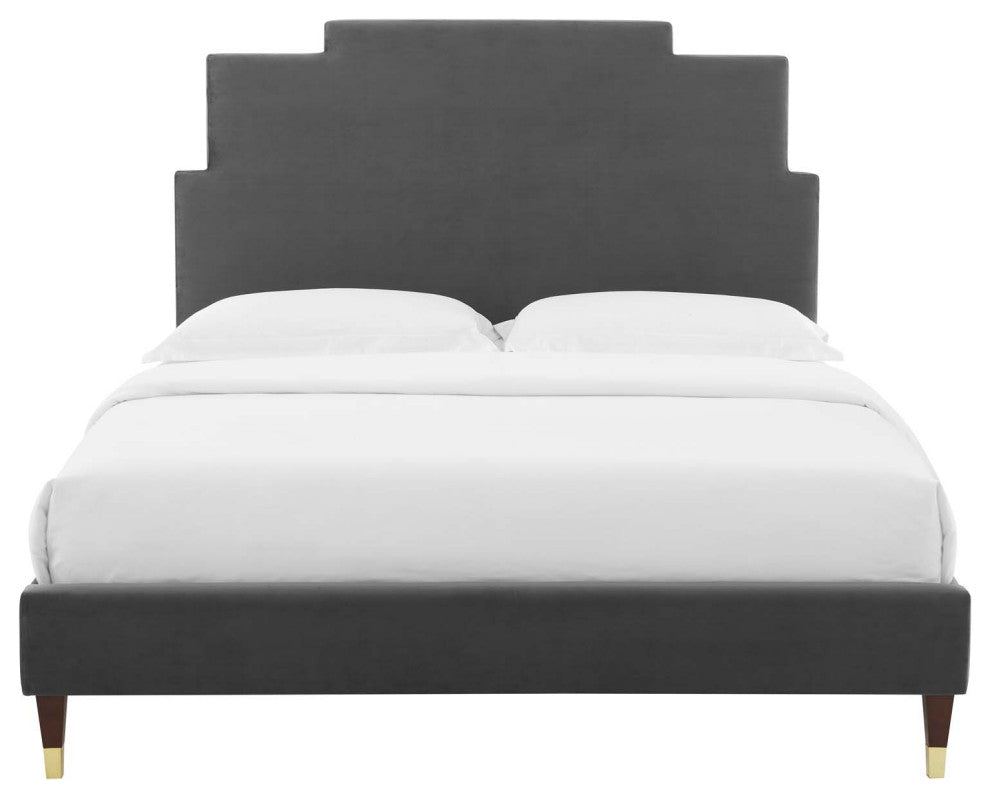 Platform Bed Frame, King Size, Velvet, Dark Gray, Modern Contemporary