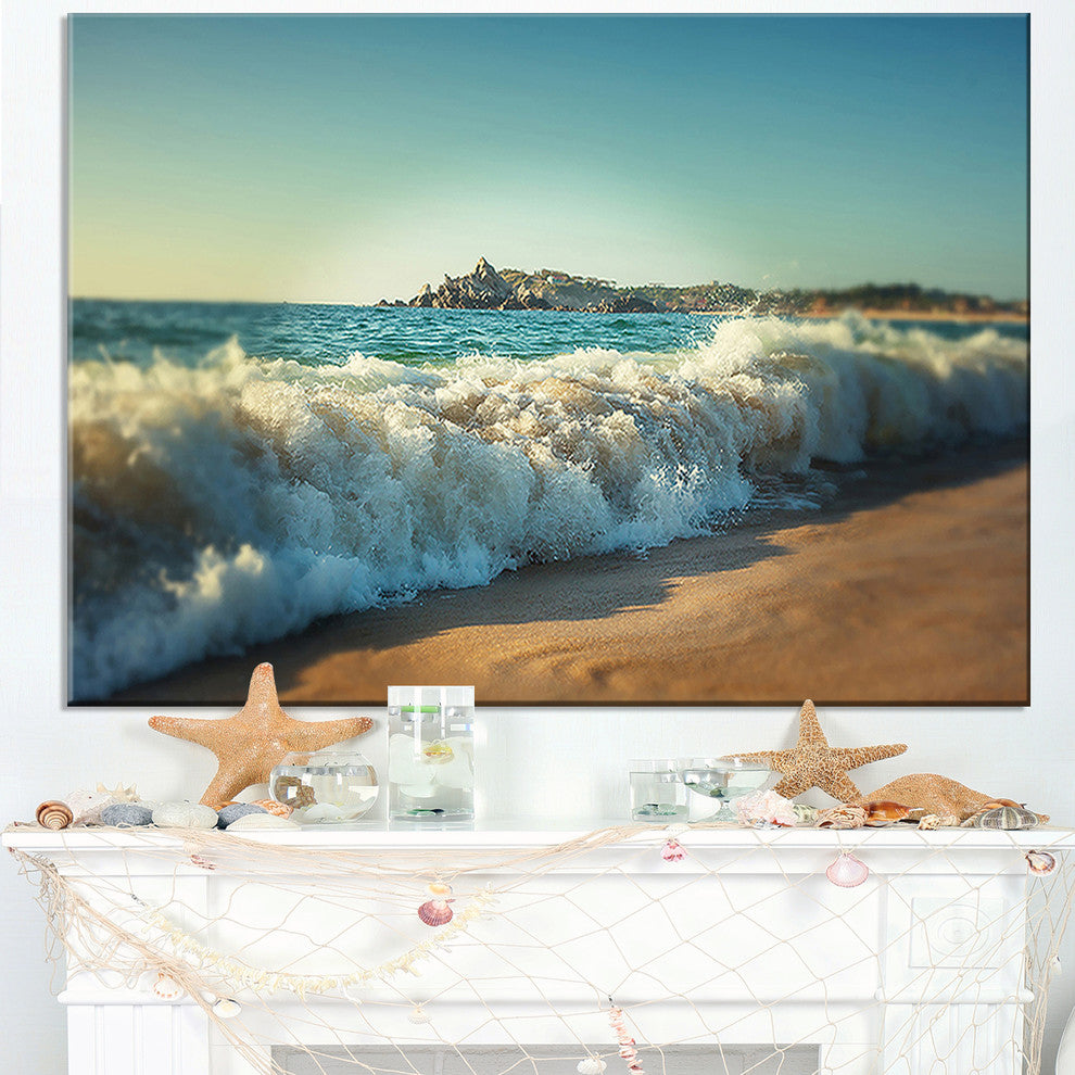 "Stormy Waves Hitting Beach Sand" Modern Beach Canvas Art Print, 32"x16"