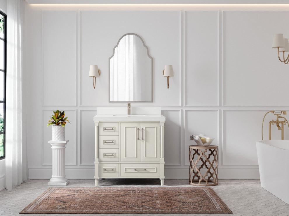 Aberdeen 36" Center Sink Bath Vanity, Alabaster 2" White Quartz