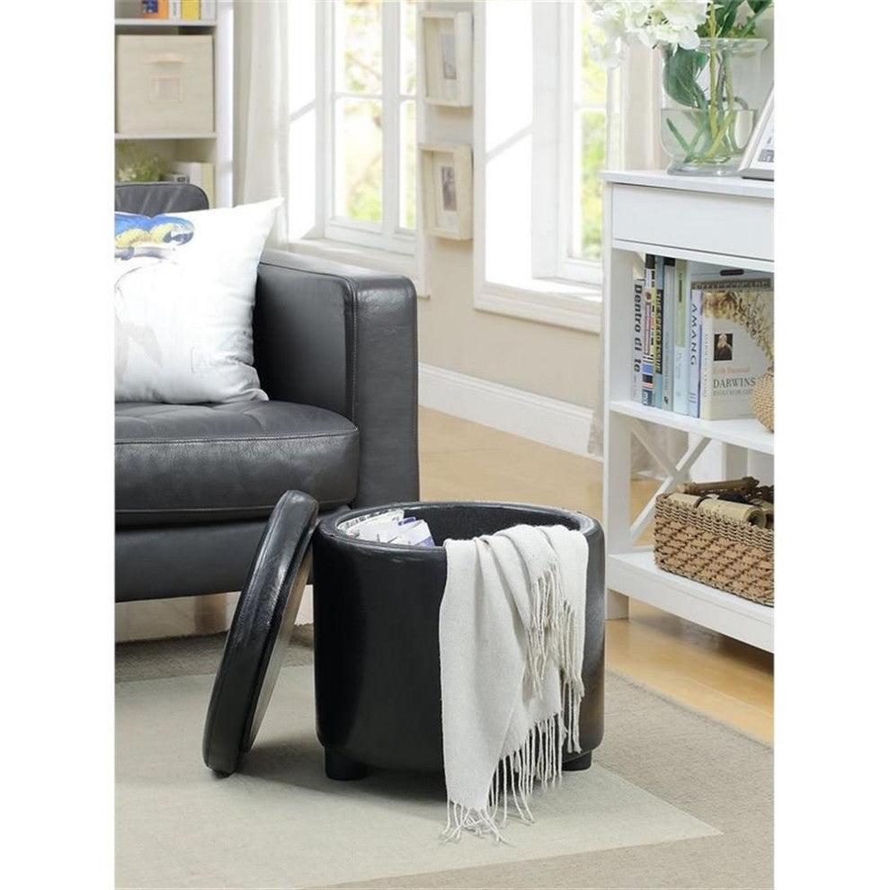 Designs4Comfort Round Accent Storage Ottoman in Black Faux Leather Fabric