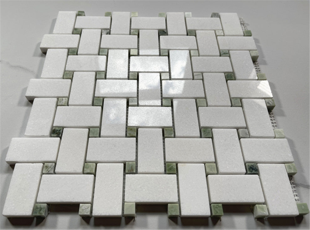Thassos White Marble 1x2 Basketweave Mosaic Tile / Green Dots Polished, 1 sheet