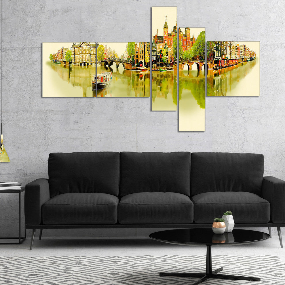 Amsterdam Panoramic View, Cityscape Watercolor Canvas Print, 60"x32", 5 panels
