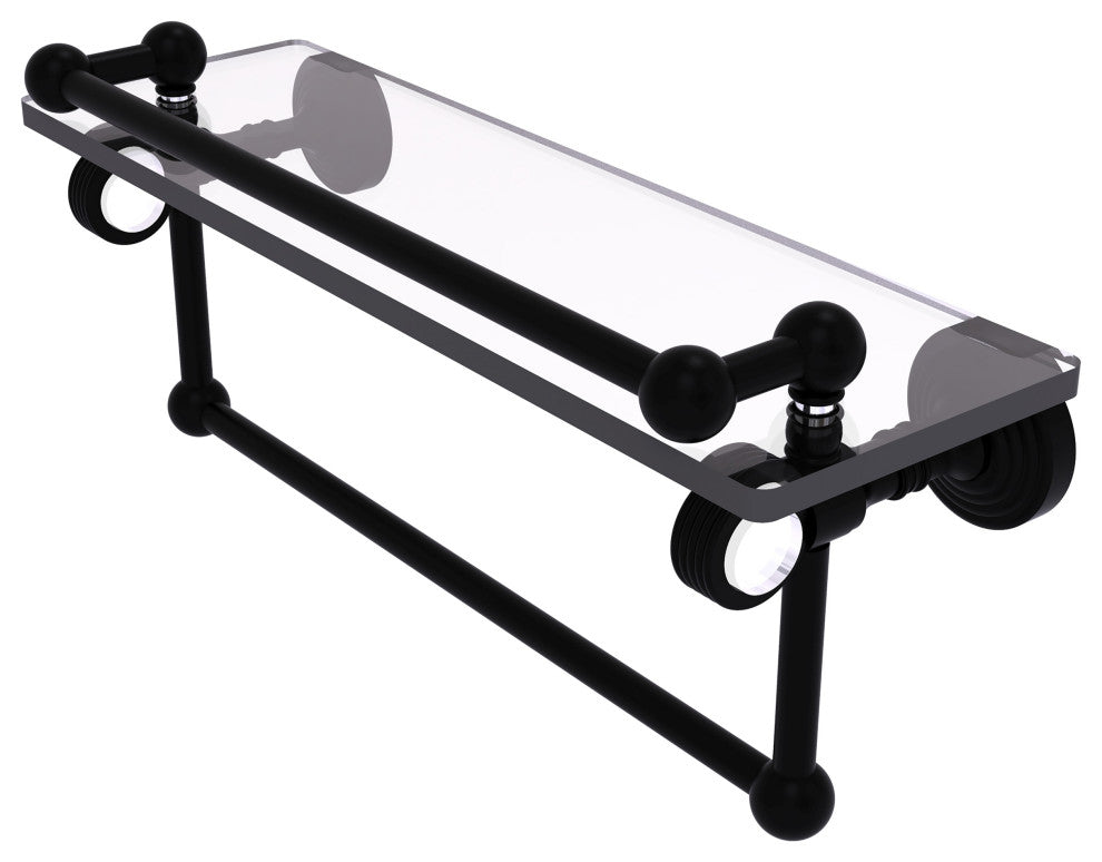 Pacific Grove 16" Groovy Glass Shelf with Towel Bar, Matte Black