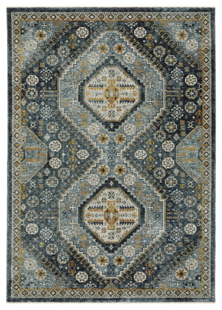 Augustus Tribal Medallions Blue/ Gold Indoor Area Rug, Blue, 3'3"x5'