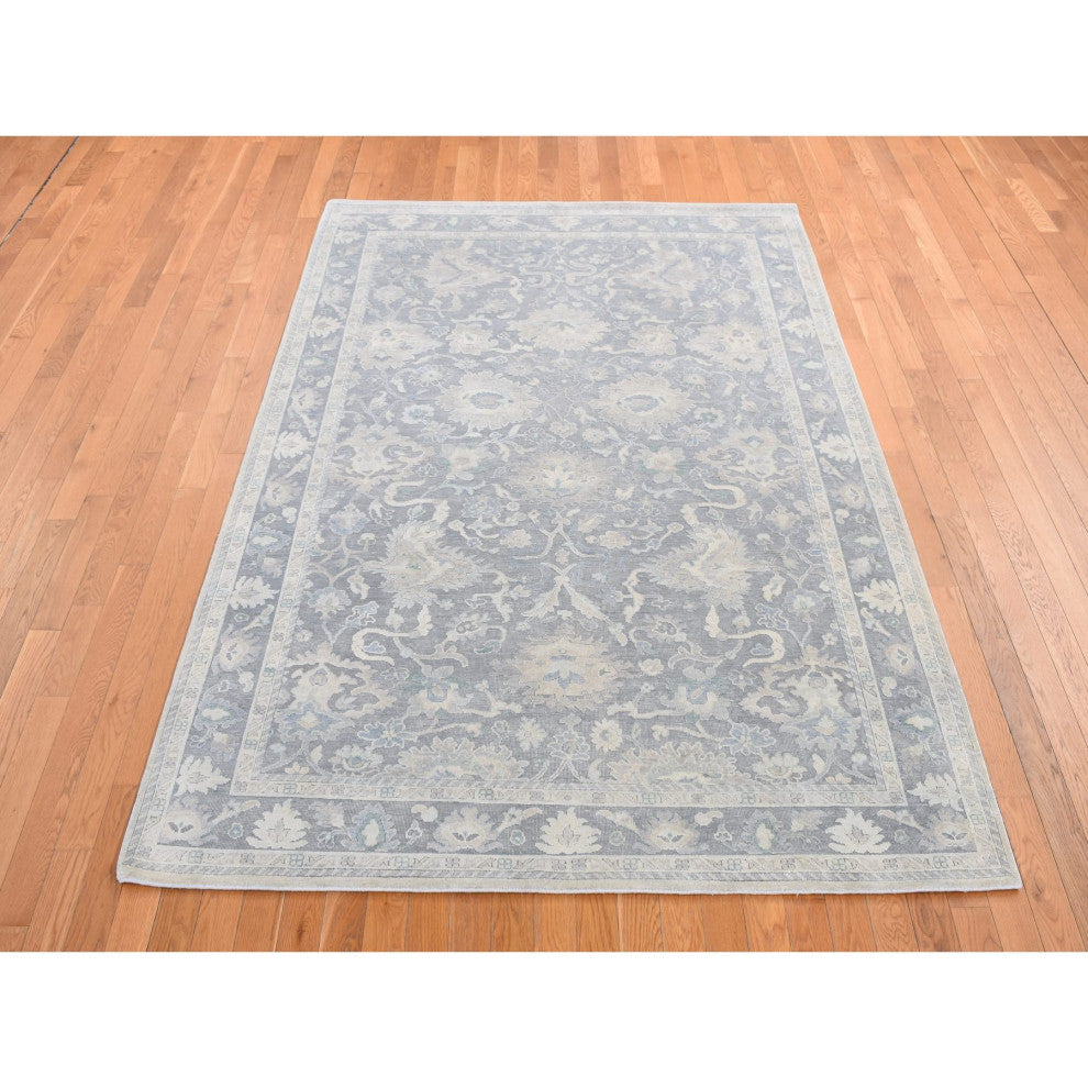 Battleship Gray Hand Knotted Oushak Influence Pure Silk and Wool Rug 6'1"x8'9"