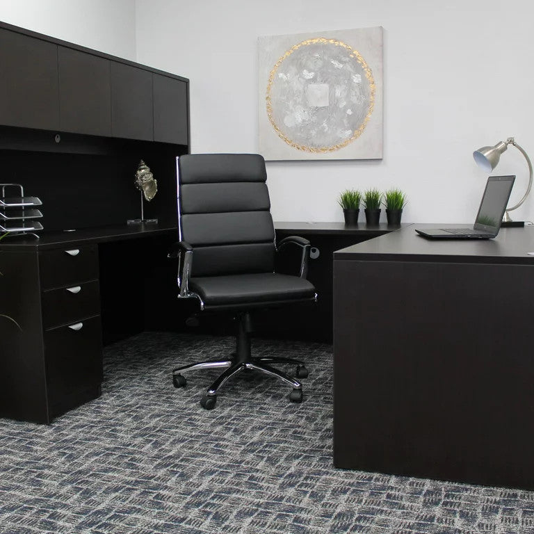 Elegant Office Chair, Chrome Plated Frame & Unique Channeled High Back, Black