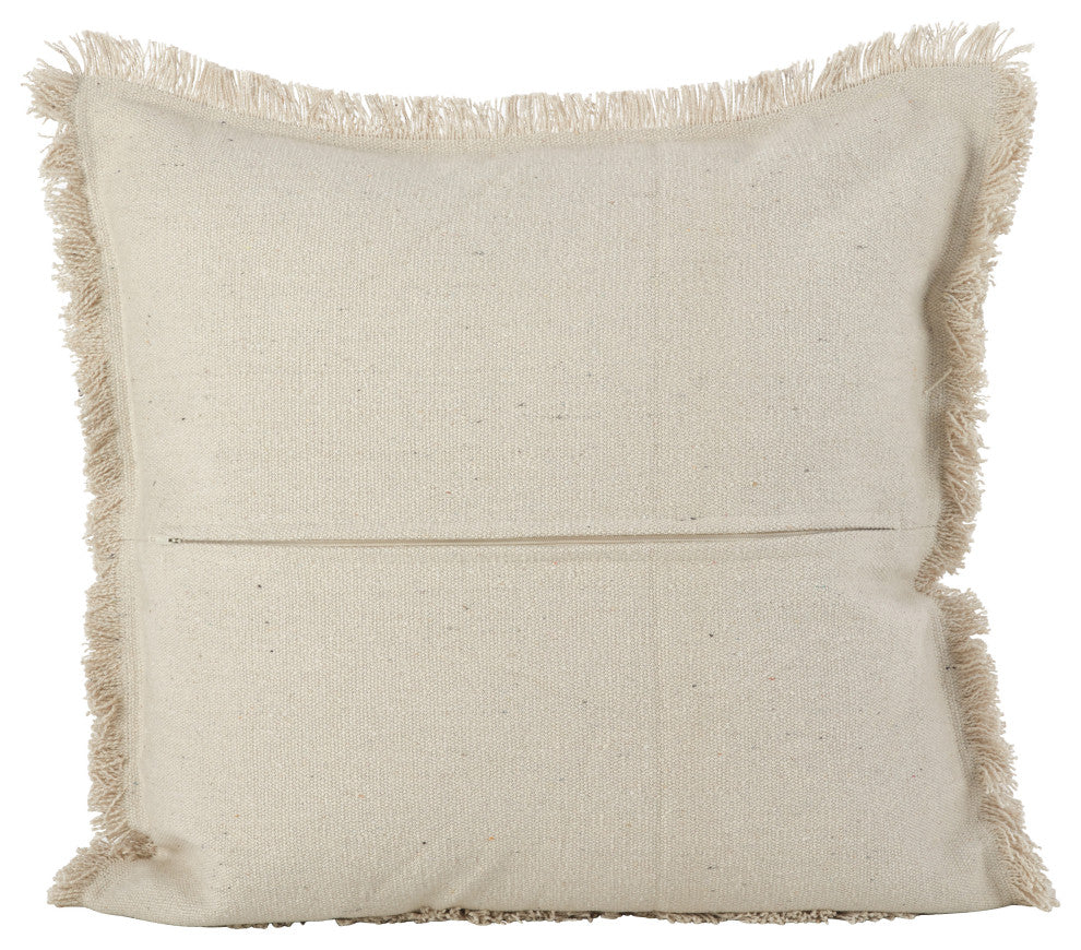 Diamond Design Fringe Trim Cotton Down Filled Throw Pillow, 20"x20", Natural