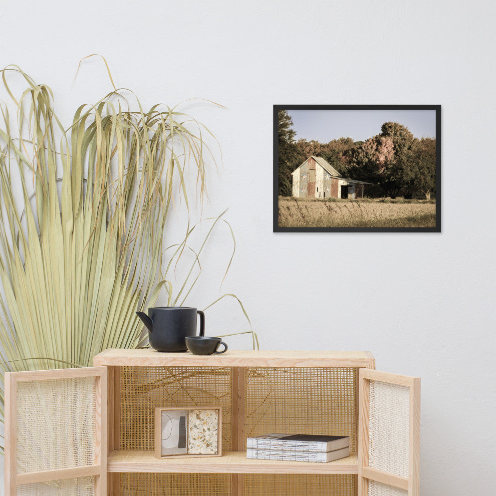 Patriotic Barn in Field Aged Effect Framed Photo Paper Wall Art Prints, Black, 18" X 24"