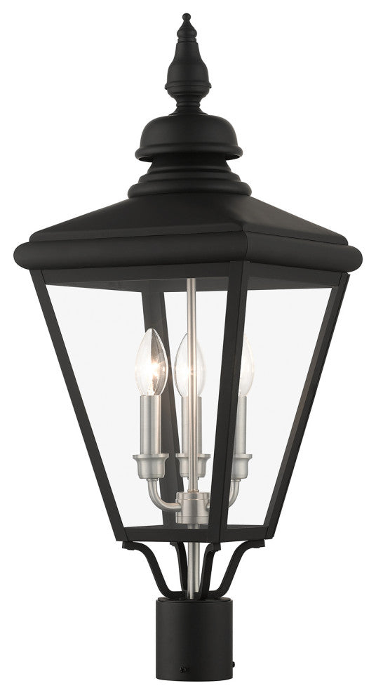 3 Light Black Outdoor Large Post Top Lantern, Brushed Nickel