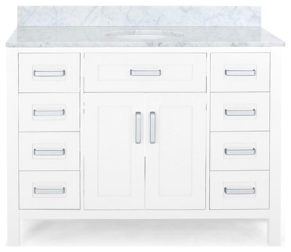 Grace Contemporary 48" Wood Single Sink Bathroom Vanity With Marble Counter Top, White