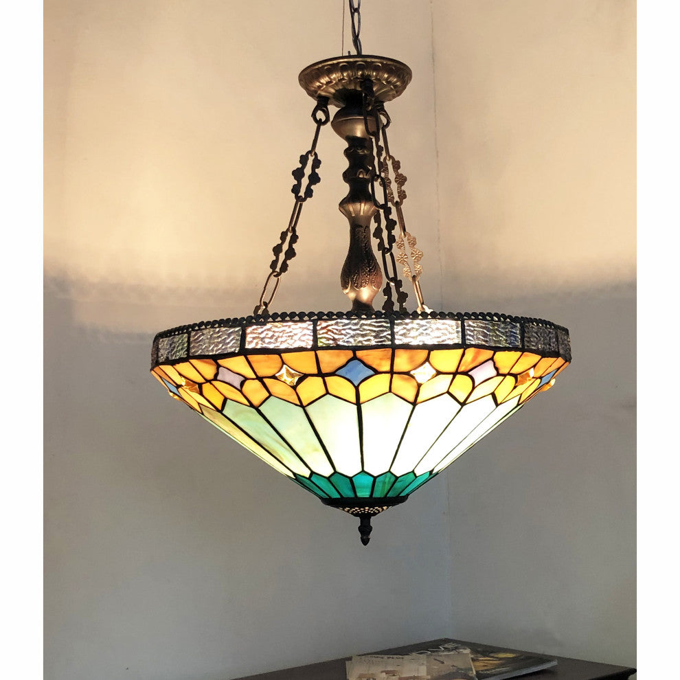 NICHOLAS Tiffany-Style Mission Stained Glass Inverted Ceiling Pendant, 18"