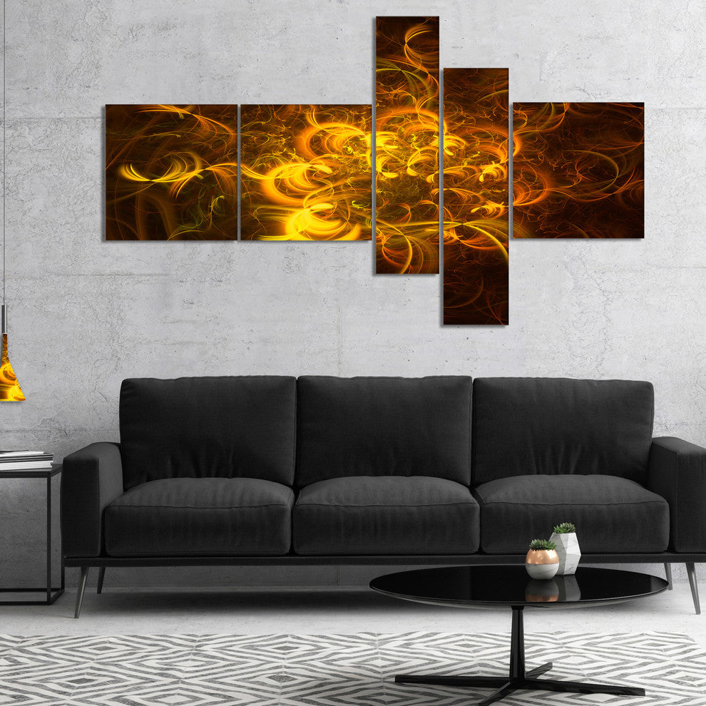 Golden Fractal Flower in Dark, Floral Canvas Art print, 60"x32", 5 panels