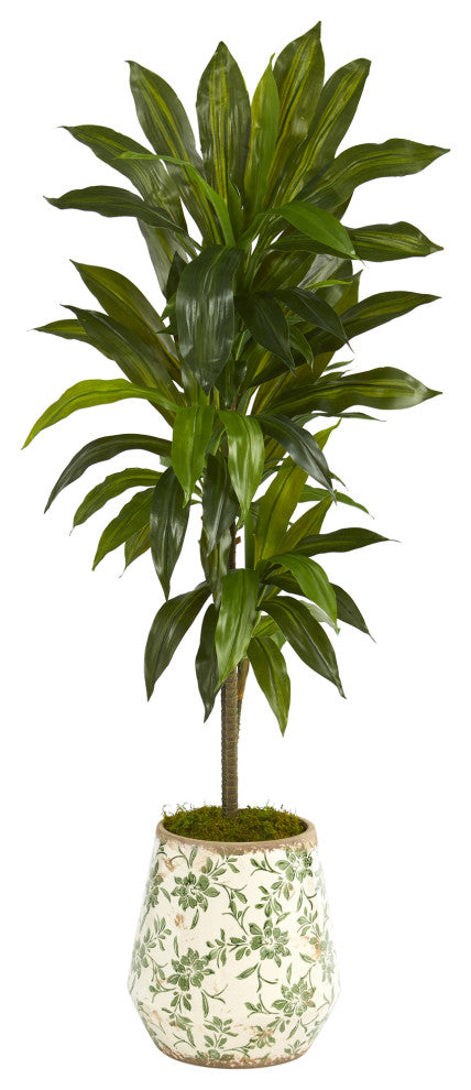 4' Dracaena Artificial Plant, Flower Print Planter, Real Touch