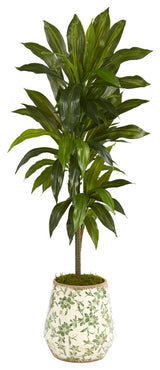 4' Dracaena Artificial Plant, Flower Print Planter, Real Touch