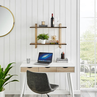 Danya B. Two-Tier Warm Gold and Washed Oak Brown Hanging Wall Mounted Shelf