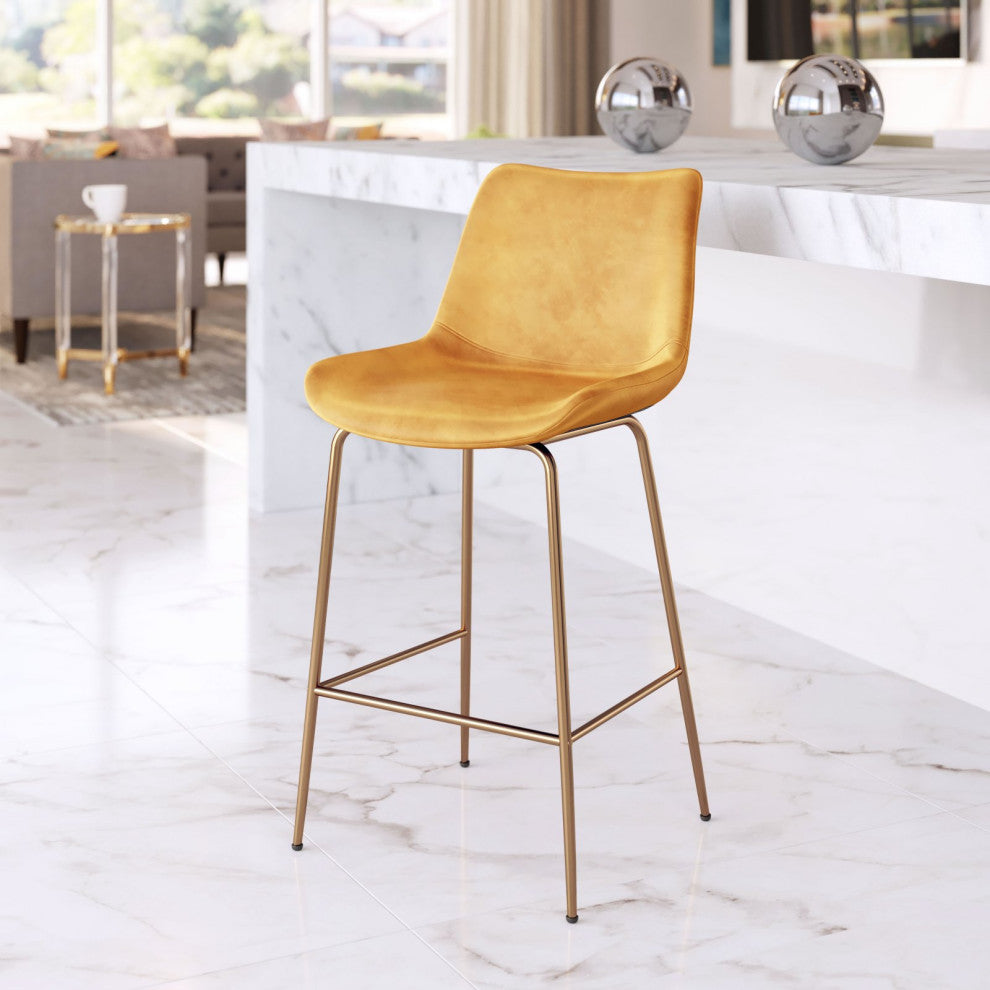 Counter Stool Chair, Steel Metal, Fabric, Yellow, Gold, Bar Kitchen Cafe Bistro