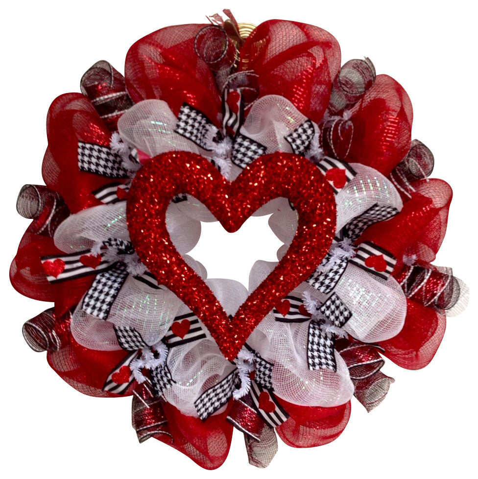 Glittering Red Valentine Heart Deco Mesh Wreath