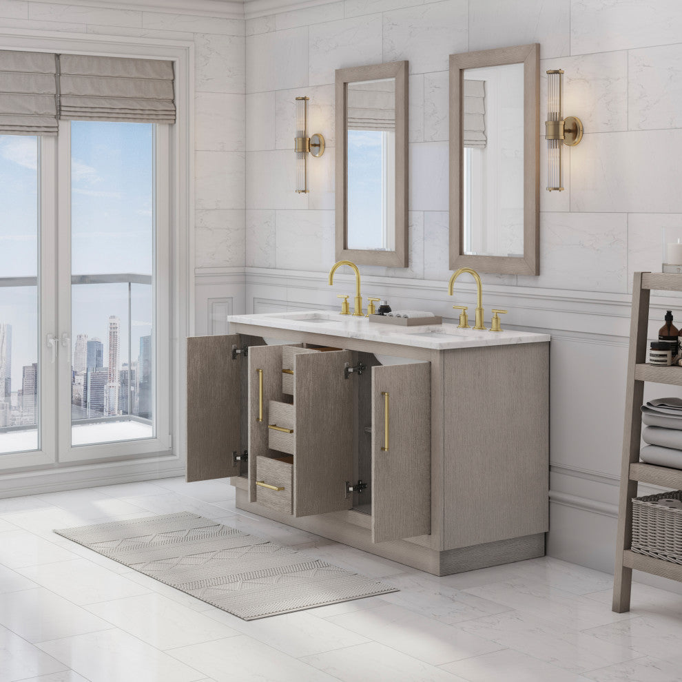 60 Double Sink White Marble Vanity, Gray Oak With Gooseneck Faucets and Mirrors
