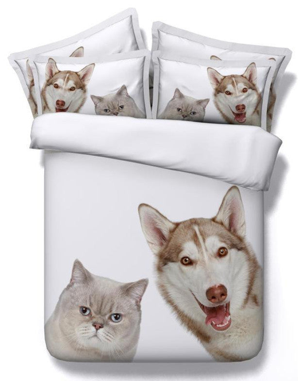 3D White and Brown Cat and Dog, 4-Piece Duvet Cover Set, Full
